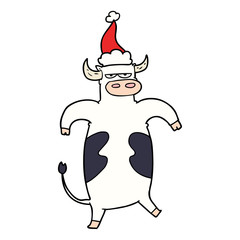 line drawing of a bull wearing santa hat