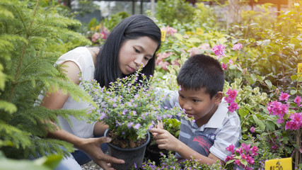 Asian mother and son take care of the trees in the garden.