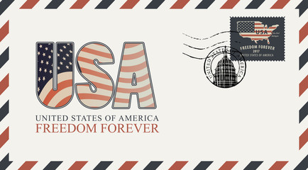Vector postcard or envelope with letters USA in colors of american flag and inscriptions. Postcard with postmark in form of capitol building and postage stamp with american flag and map.