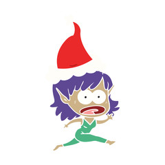 flat color illustration of a shocked elf girl wearing santa hat