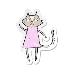 retro distressed sticker of a cute cartoon cat waving