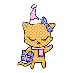 cute comic book style illustration of a cat with present wearing santa hat