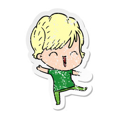 distressed sticker of a cartoon laughing woman