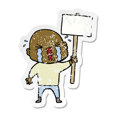 distressed sticker of a cartoon crying bald man