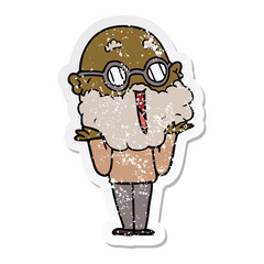 distressed sticker of a cartoon joyful man with beard shrugging