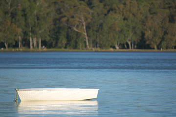 small white boat on a lake