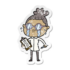 distressed sticker of a cartoon crying woman wearing spectacles