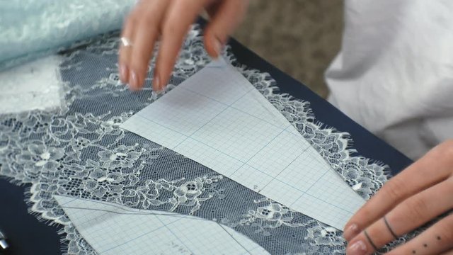 desktop seamstress, designer lingerie, side view, blue background