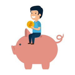 happy young man with piggy savings character