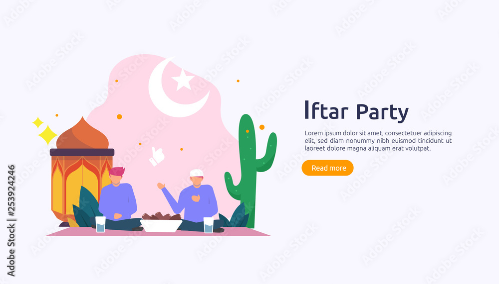 Sticker Iftar Eating After Fasting feast party concept. Moslem family dinner on Ramadan Kareem or celebrating Eid with people character. web landing page template, banner, presentation, social or print media.