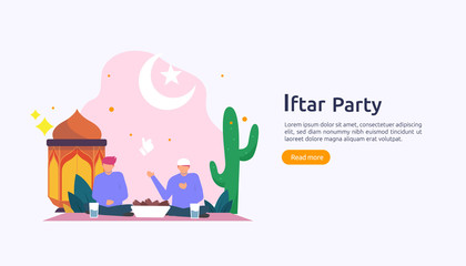 Iftar Eating After Fasting feast party concept. Moslem family dinner on Ramadan Kareem or celebrating Eid with people character. web landing page template, banner, presentation, social or print media.