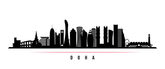 Doha city skyline horizontal banner. Black and white silhouette of Doha city, Qatar. Vector template for your design.