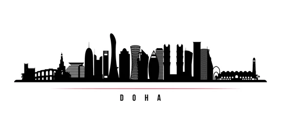 Fotobehang Doha city skyline horizontal banner. Black and white silhouette of Doha city, Qatar. Vector template for your design. © greens87