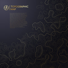 Abstract topographic map design with space for your text. Golden map line contour on black background.