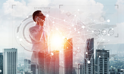 Concept of business success and control with confident boss against cityscape background