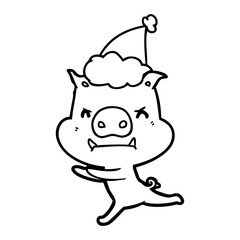 angry line drawing of a pig wearing santa hat