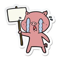sticker of a crying pig cartoon with protest sign