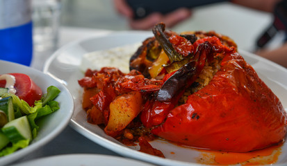 Red pepper with rice and meat for lunch
