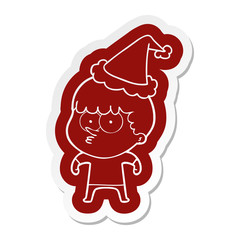 cartoon  sticker of a curious boy wearing santa hat