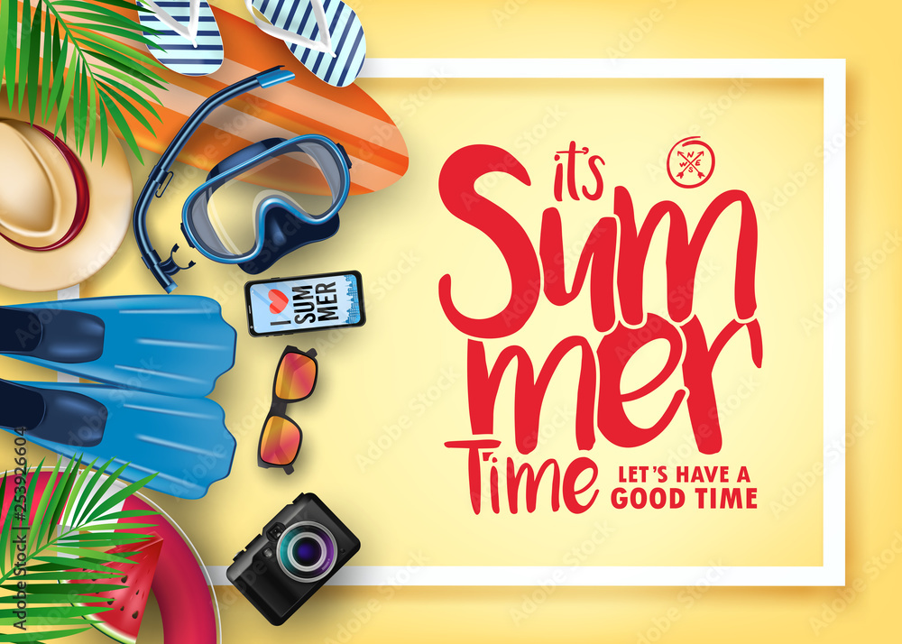 Poster summer time realistic vector banner in yellow background with frame and tropical elements like scuba