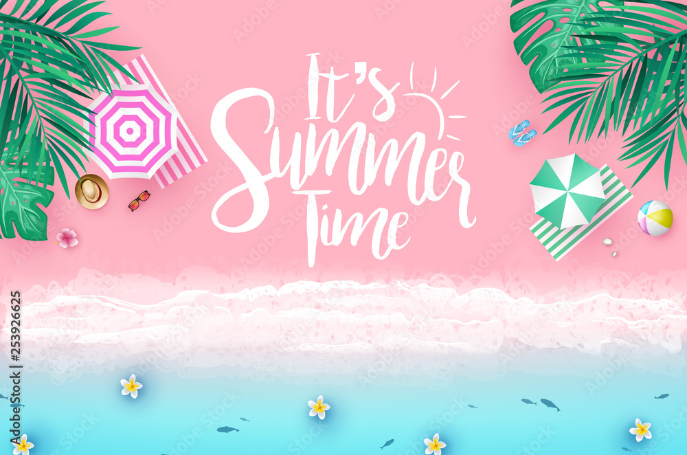 Poster top view sea side beach resort background with it's summer time message in trendy background color w