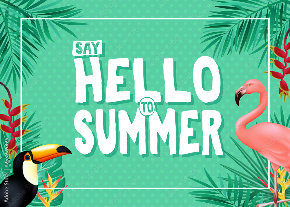 Poster topical summer banner design with say hello to summer message in green color with polka dots pattern