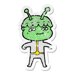 distressed sticker of a friendly cartoon spaceman