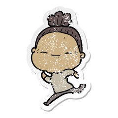 distressed sticker of a cartoon peaceful old woman
