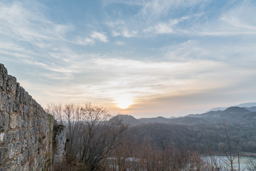 Sunset on the ancient castle of Ragogna, Italy. Fortress guarding the ford on the river Tagliamento