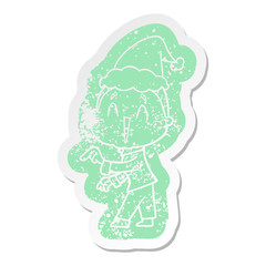 cartoon distressed sticker of a happy old lady wearing santa hat