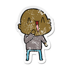 distressed sticker of a happy cartoon bald man