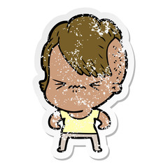 distressed sticker of a cartoon annoyed hipster girl