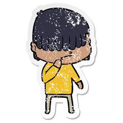 distressed sticker of a cartoon boy with untidy hair