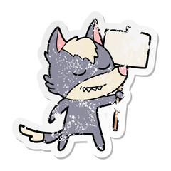 distressed sticker of a friendly cartoon wolf with blank sign