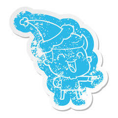 cartoon distressed sticker of a man laughing wearing santa hat