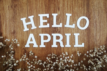 Hello April Alphabet Letters with dried flower on wooden background