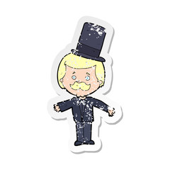 retro distressed sticker of a cartoon man wearing top hat