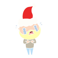 flat color illustration of a bearded man crying wearing santa hat