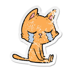 distressed sticker of a crying cartoon cat sitting