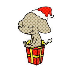 comic book style illustration of a smiling elephant wearing santa hat