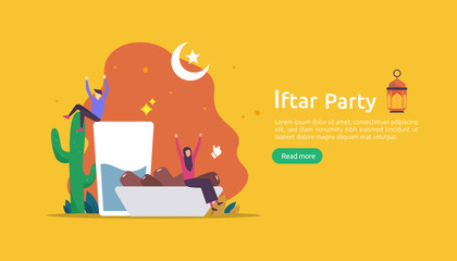 Iftar Eating After Fasting feast party concept. Moslem family dinner on Ramadan Kareem or celebrating Eid with people character. web landing page template, banner, presentation, social or print media.