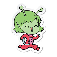 sticker of a cartoon alien girl laughing