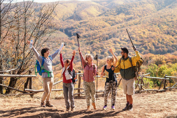 Group of happy hikers with hands up posing at glade. In background mountains and forest. Autumn...