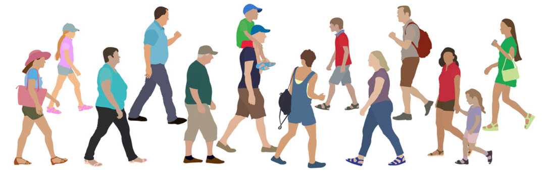 Set of people walking towards each other, vector illustration.