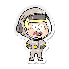 distressed sticker of a cartoon surprised astronaut
