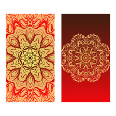 Luxury red, sunrise, gold color The Front And Rear Side. Mandala Design Elements. Wedding Invitation, Thank You Card, Save Card, Baby Shower. Vector Illustration.