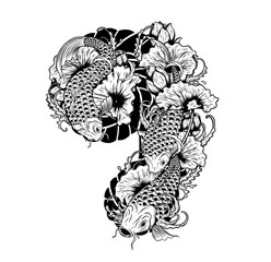 Carp fish with lotus vector tattoo by hand drawing.Beautiful fish on white background.Black and white graphics design art highly detailed in line art style.Koi fish for tattoo or wallpaper.