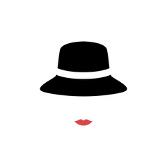 Woman with red lips wearing retro hat. Vector illustration.