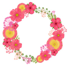 Round Wreath with Fantasy Flowers Isolated on White Background. Floral Frame with Easter Pink Flowers.  