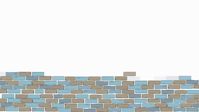 Brick wall construction. Red and blue bricks installing, building wall. Concept of construction, protection, craftsmanship and module structure. Foggy background.
